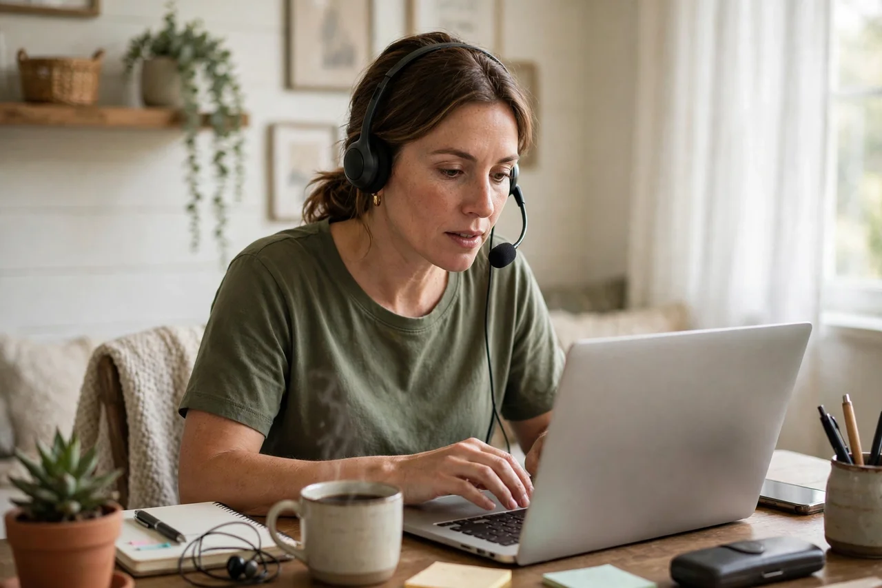 Remote customer service representative working from home with a headset