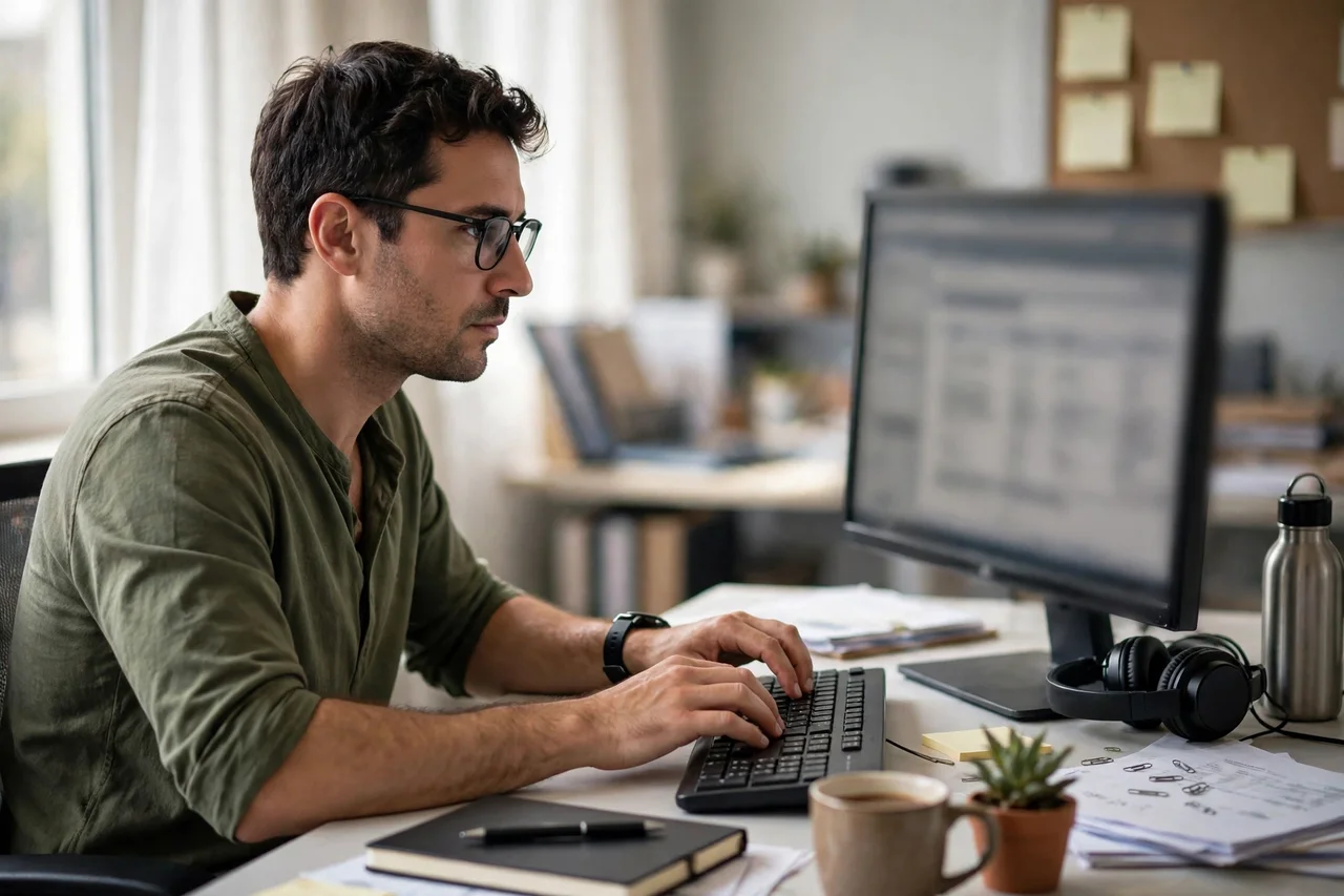 Data entry specialist typing on a computer at a home desk