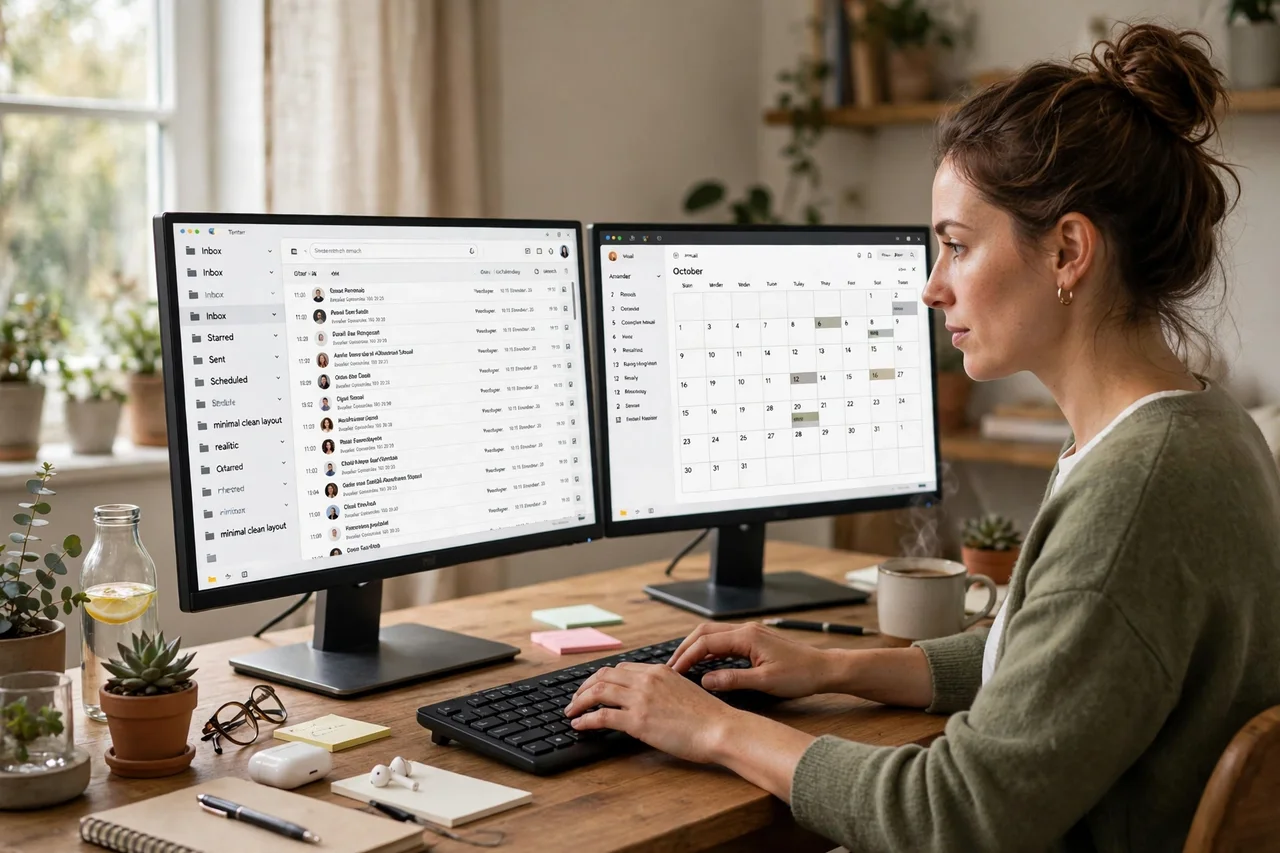 Virtual assistant managing calendars and inboxes on a laptop