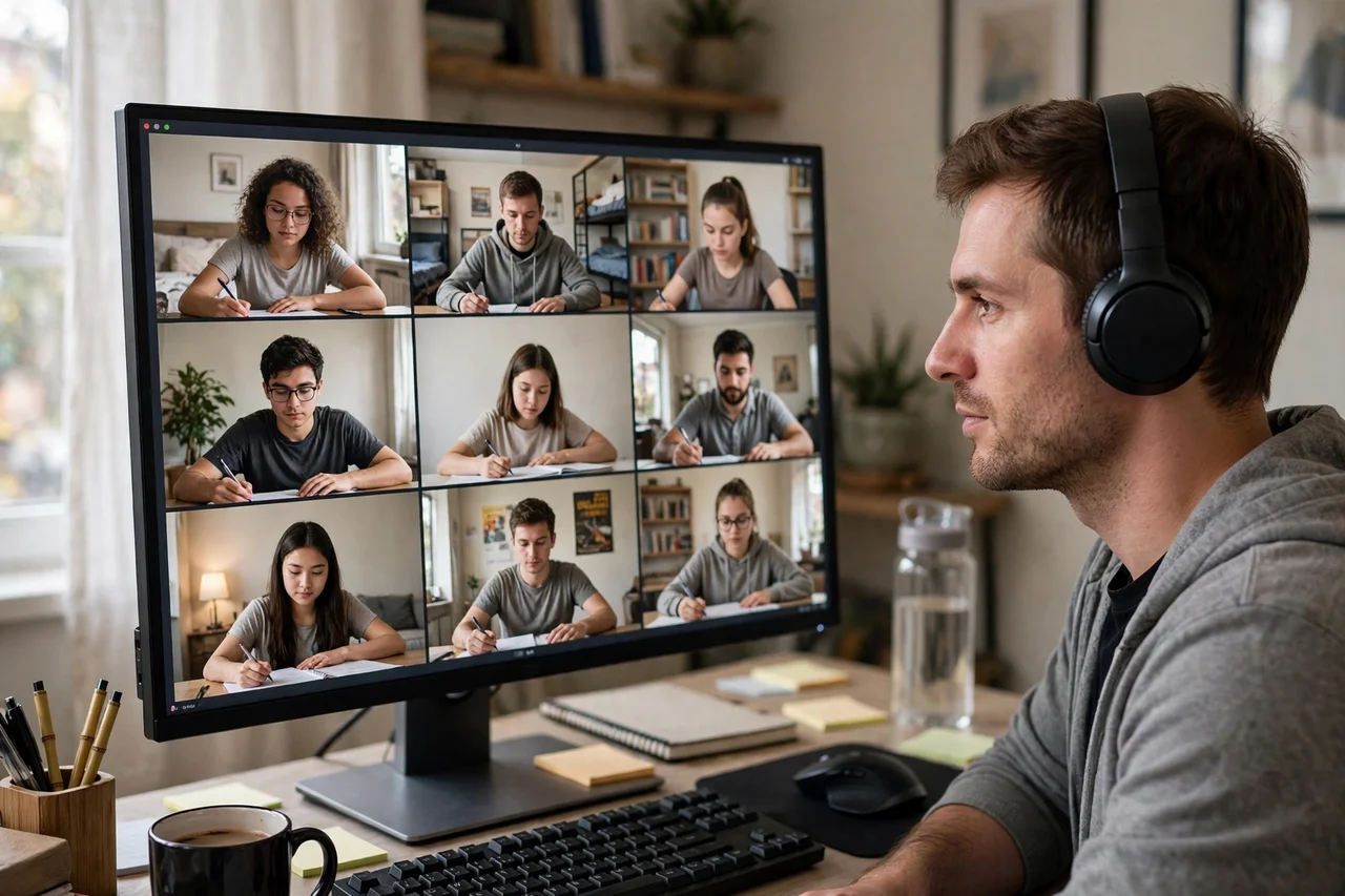 Online test proctor monitoring an exam via webcam