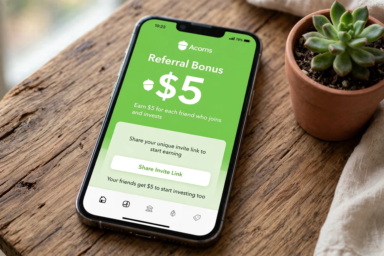 Acorns app showing $5 referral investment bonus