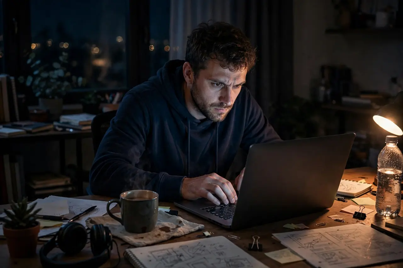 Freelancer working late on rush project with premium fee noted