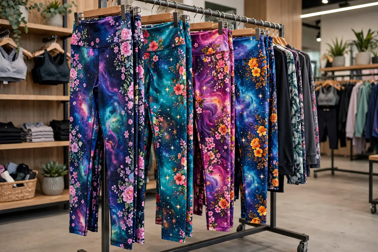 Colorful all-over-print leggings and activewear designs