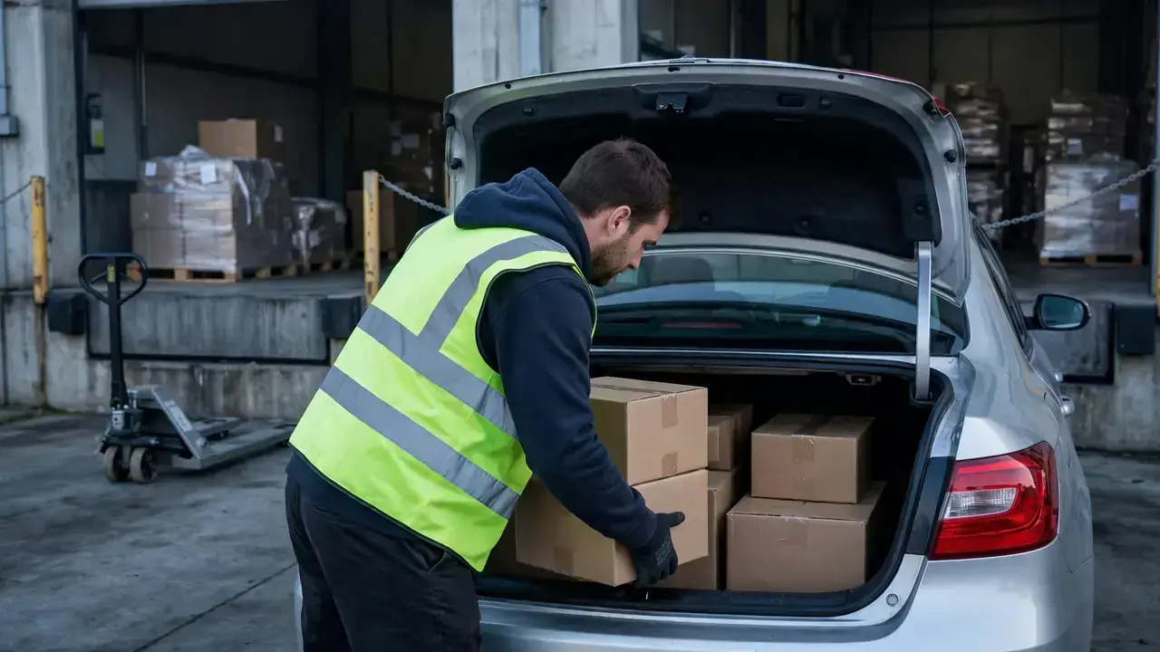 Amazon Flex driver loading packages into a car at a delivery station