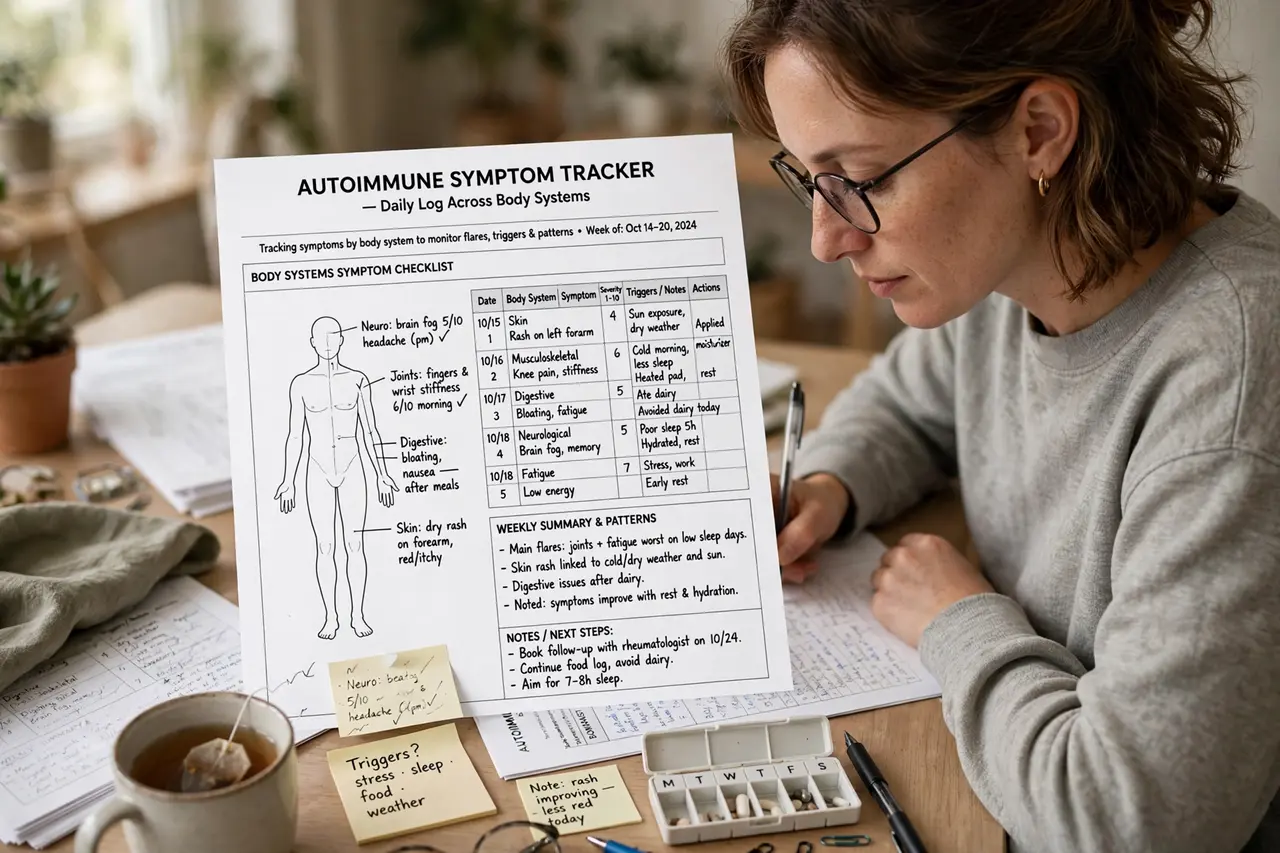 Person tracking autoimmune symptoms across body systems in a printable