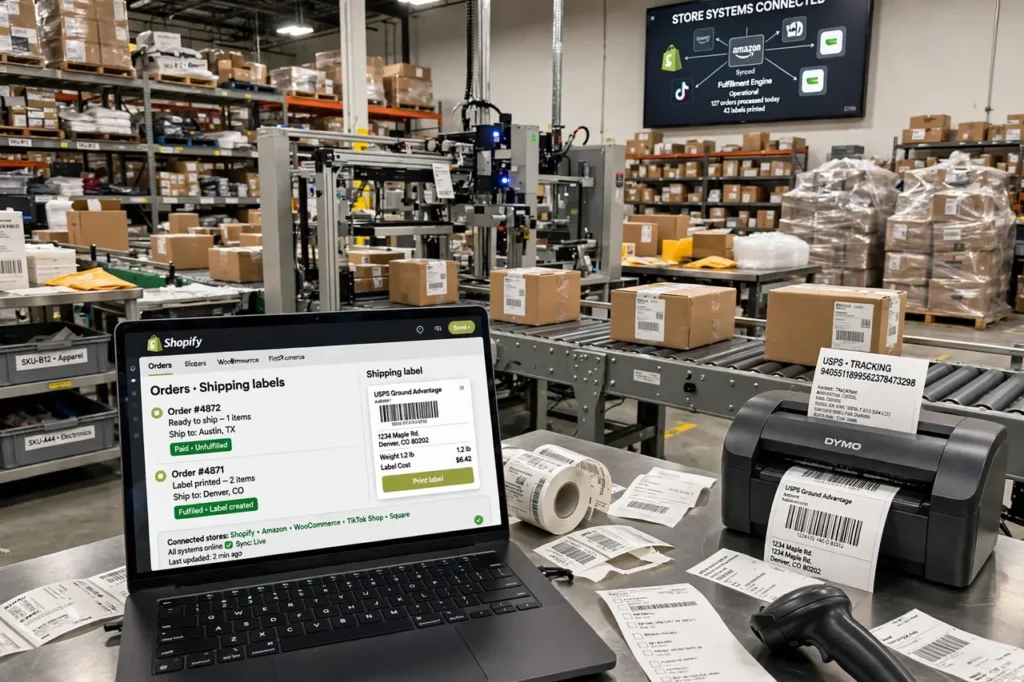 Automated e-commerce order processing connecting store systems