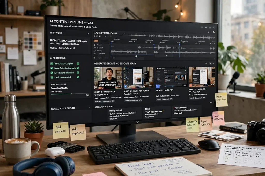 AI content pipeline turning long videos into shorts and posts