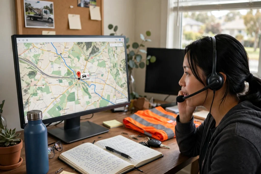 Remote roadside assistance agent dispatching help for a stranded driver