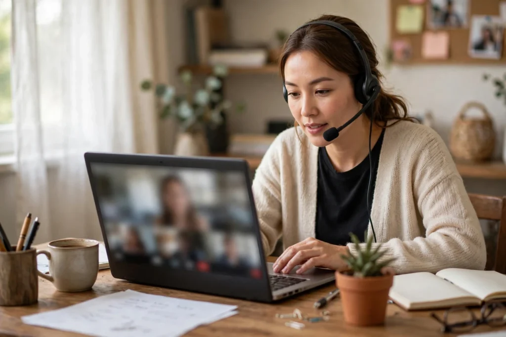 Remote banking support agent assisting customer with account questions