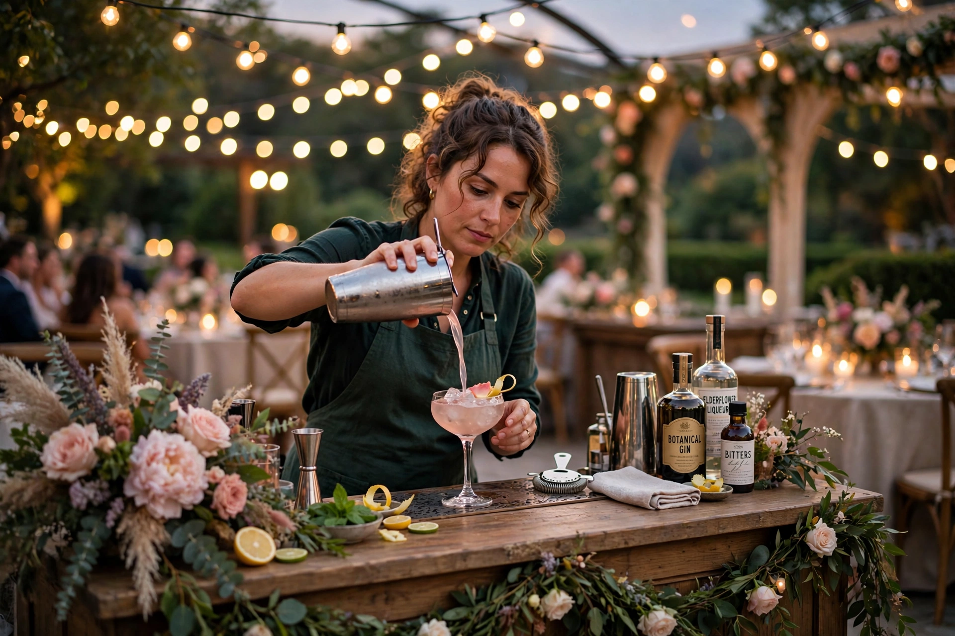 Bartender pouring drinks at an elegant outdoor wedding