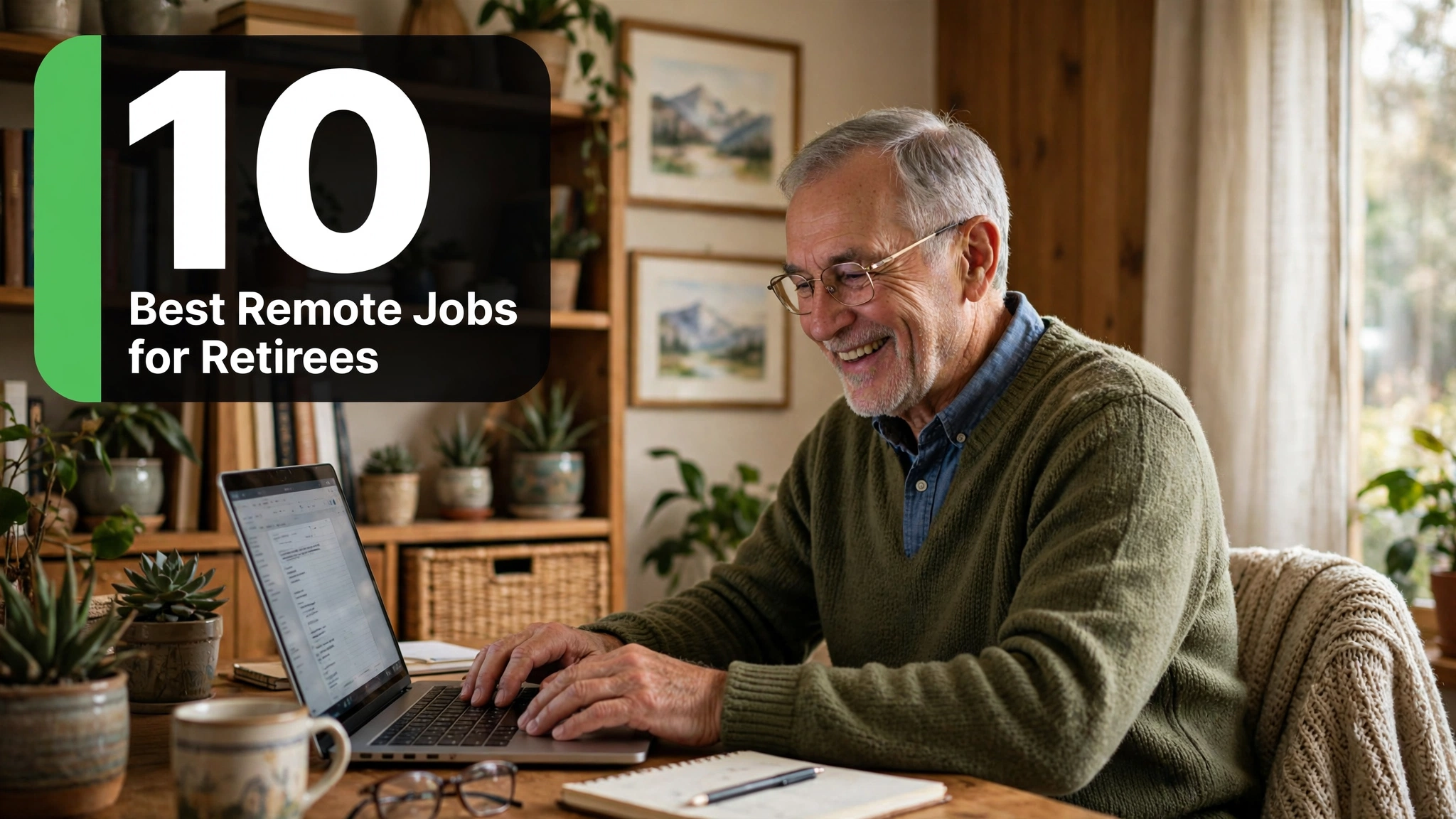 Retiree working remotely from home on a laptop — 10 best remote jobs for retirees