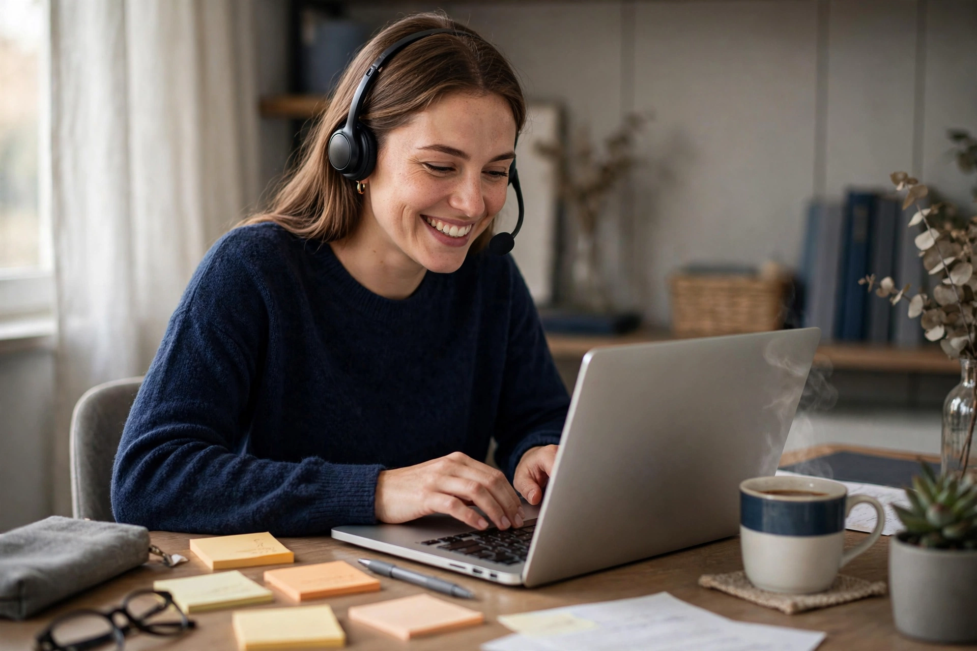Bilingual customer support agent wearing a headset and smiling while typing at a home office desk