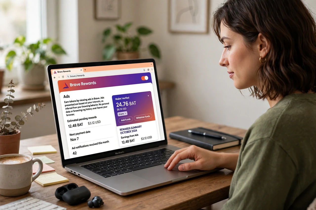 Brave browser showing BAT rewards earned from viewing ads