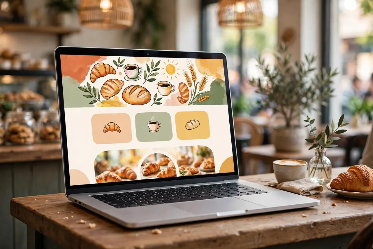 Laptop on a cafe counter displaying a landing page design for a local business