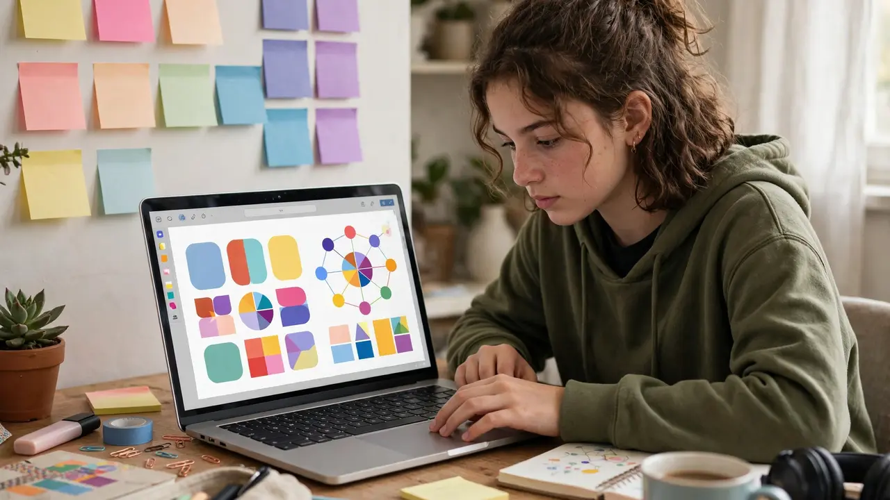 Teen creating Canva templates for school projects on a laptop