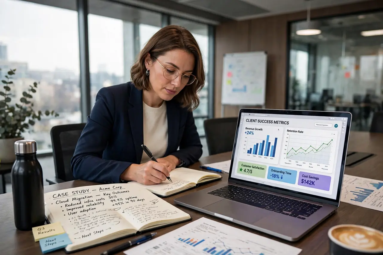 Writer conducting a client interview for a business case study