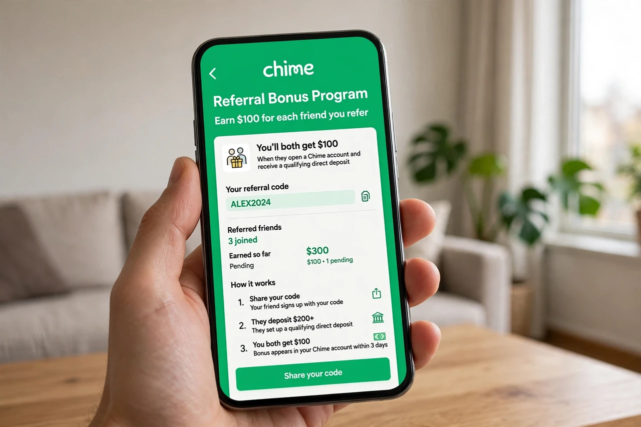 Chime app showing $100 referral bonus