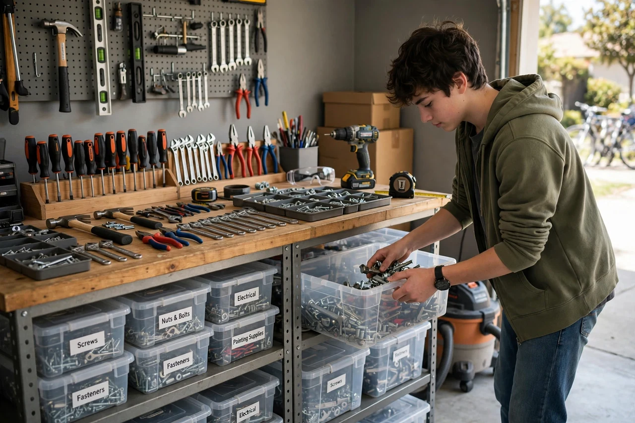 Teen organizing a clean garage with labeled storage bins and tools