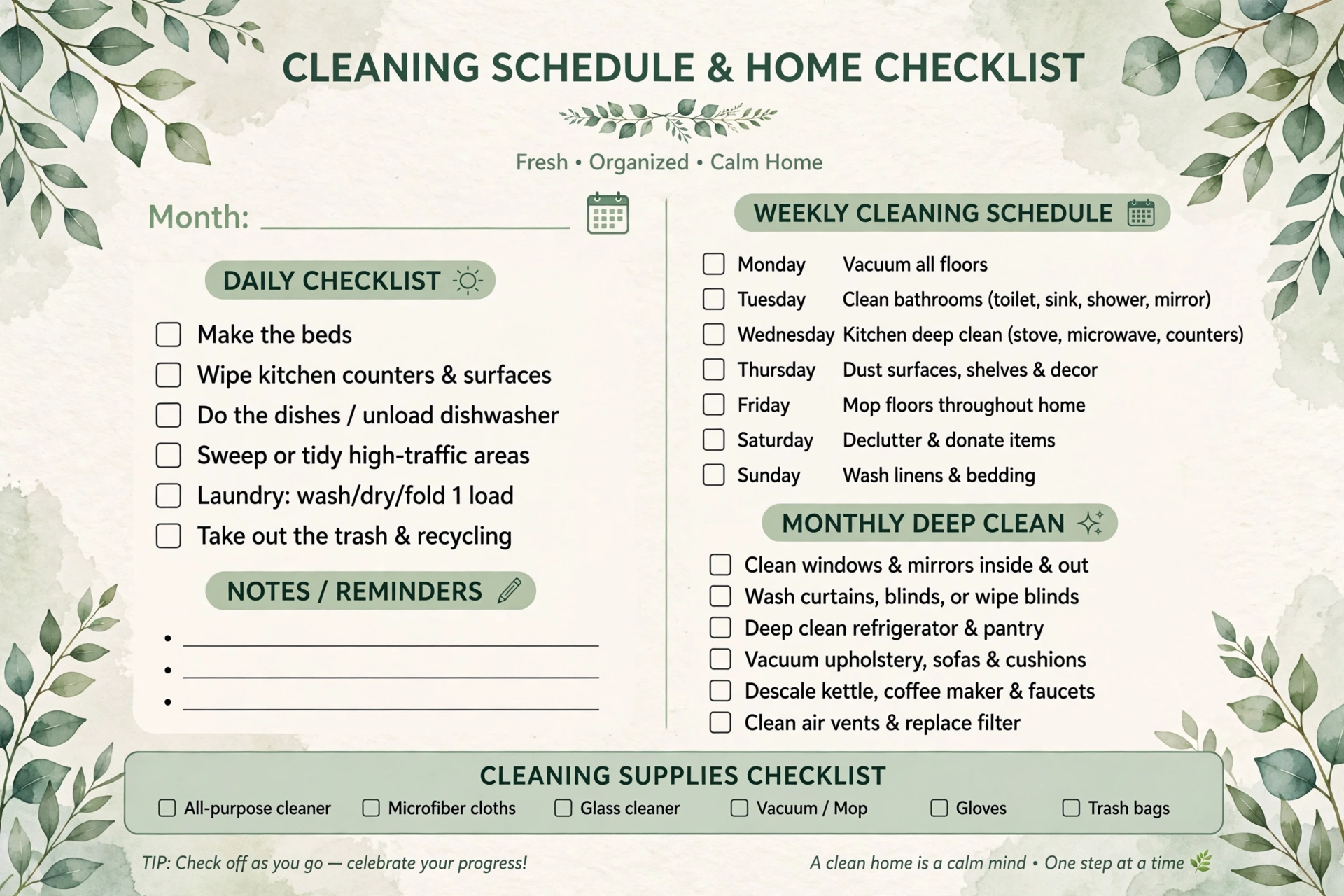 Home cleaning schedule printable with daily weekly monthly tasks