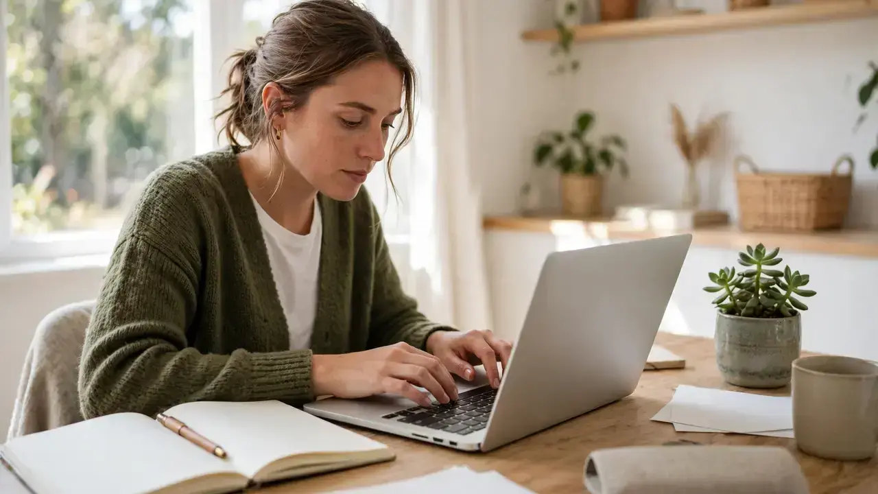 Freelancer typing on a laptop with a notebook beside them in a home office