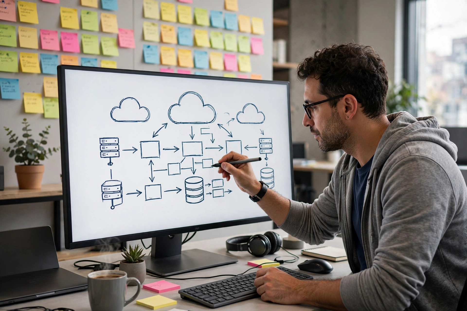 Cloud architect designing infrastructure diagrams on a large monitor