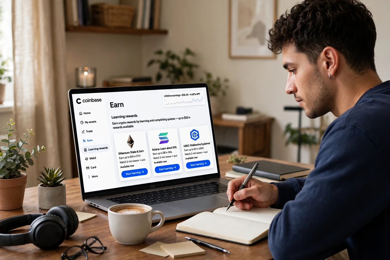 Coinbase Earn lessons on a phone showing crypto rewards for completing quizzes
