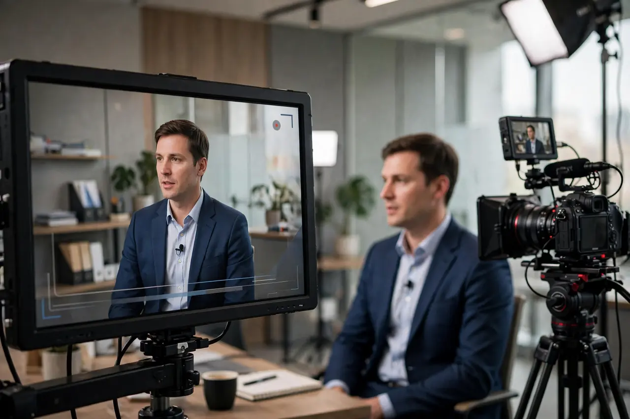 Cleaned-up corporate talking-head video with graphics