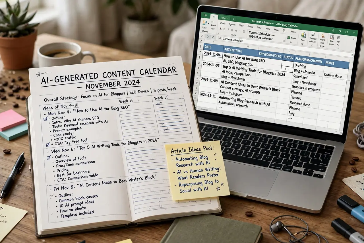 AI-generated content calendar with article outlines for blogging