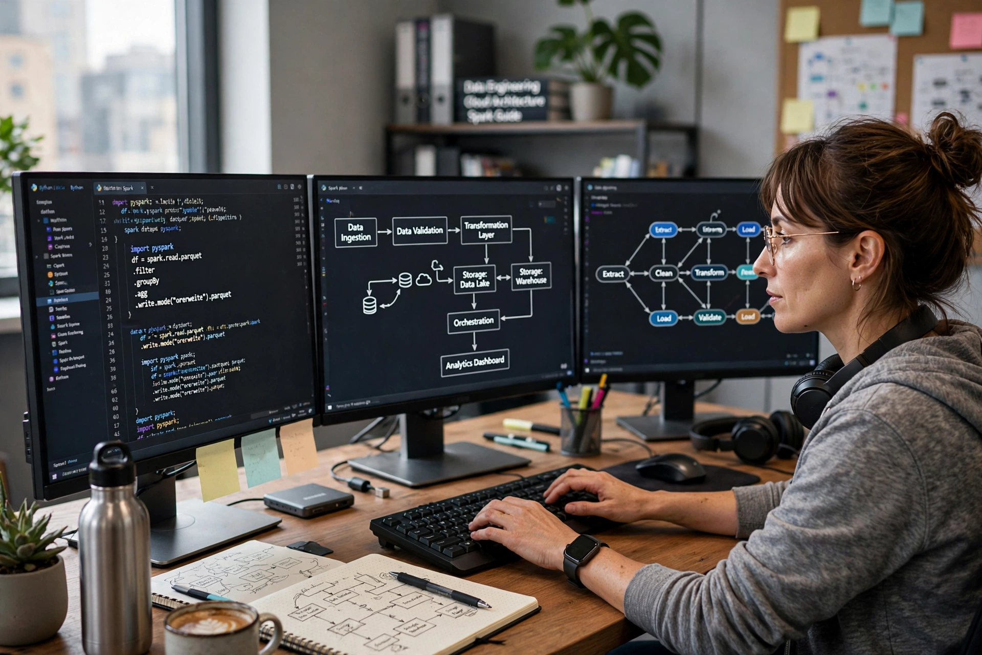 Data engineer building data pipelines on multiple screens