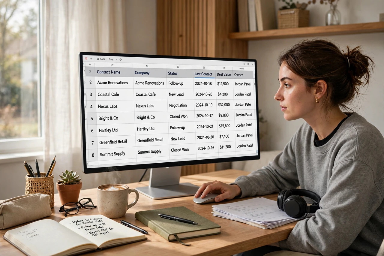 Freelancer organizing CRM data on a computer