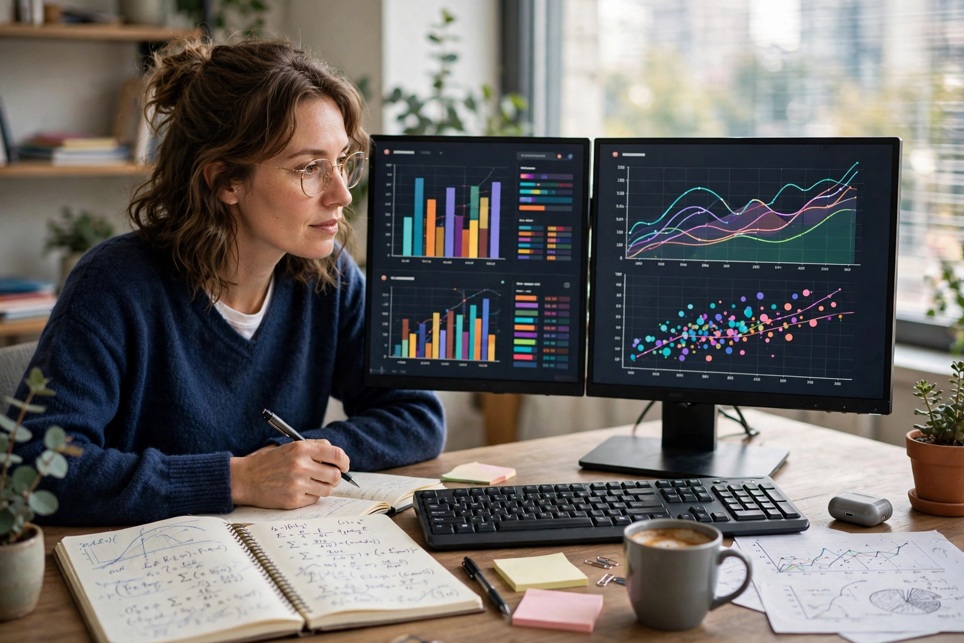 Data scientist analyzing charts and machine learning models on dual monitors