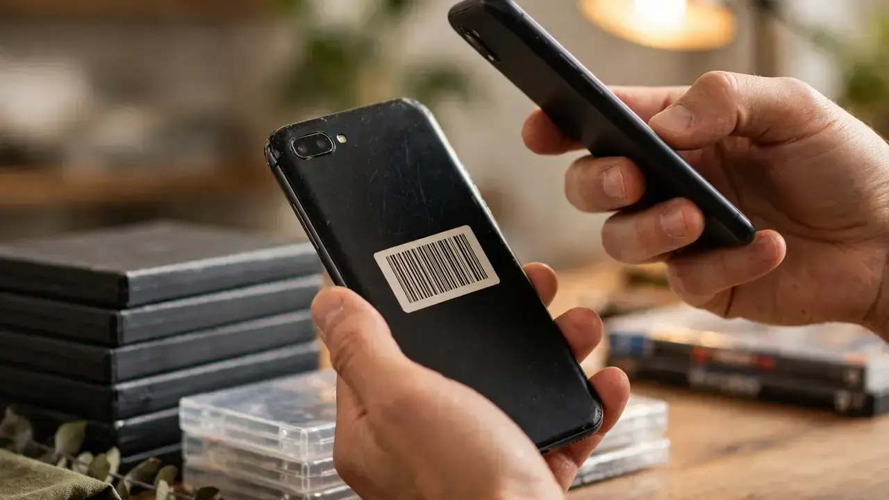 Hands scanning a barcode on a stack of old phones and game cases