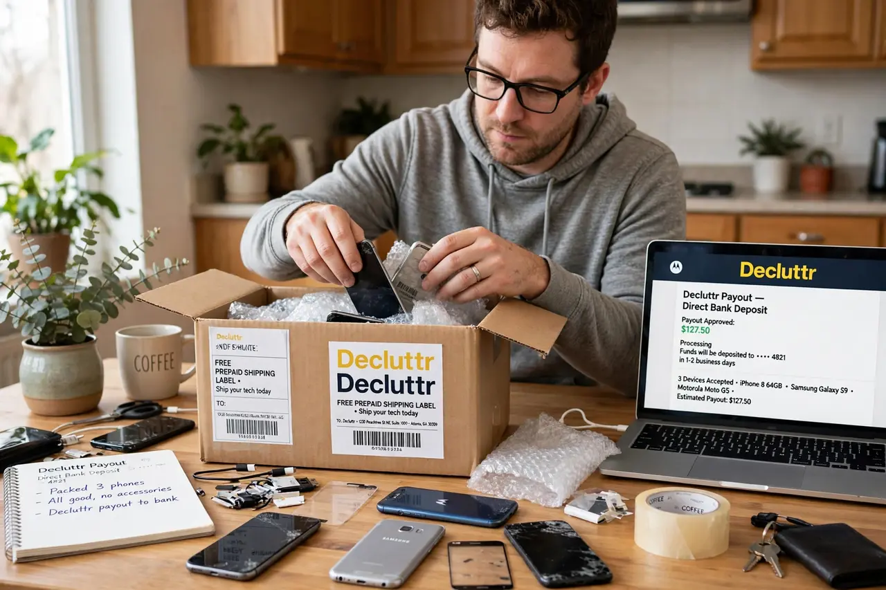 Person shipping old phones to Decluttr for direct bank deposit payout