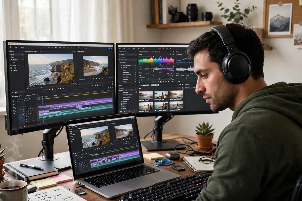 Remote video editor assembling faceless YouTube content