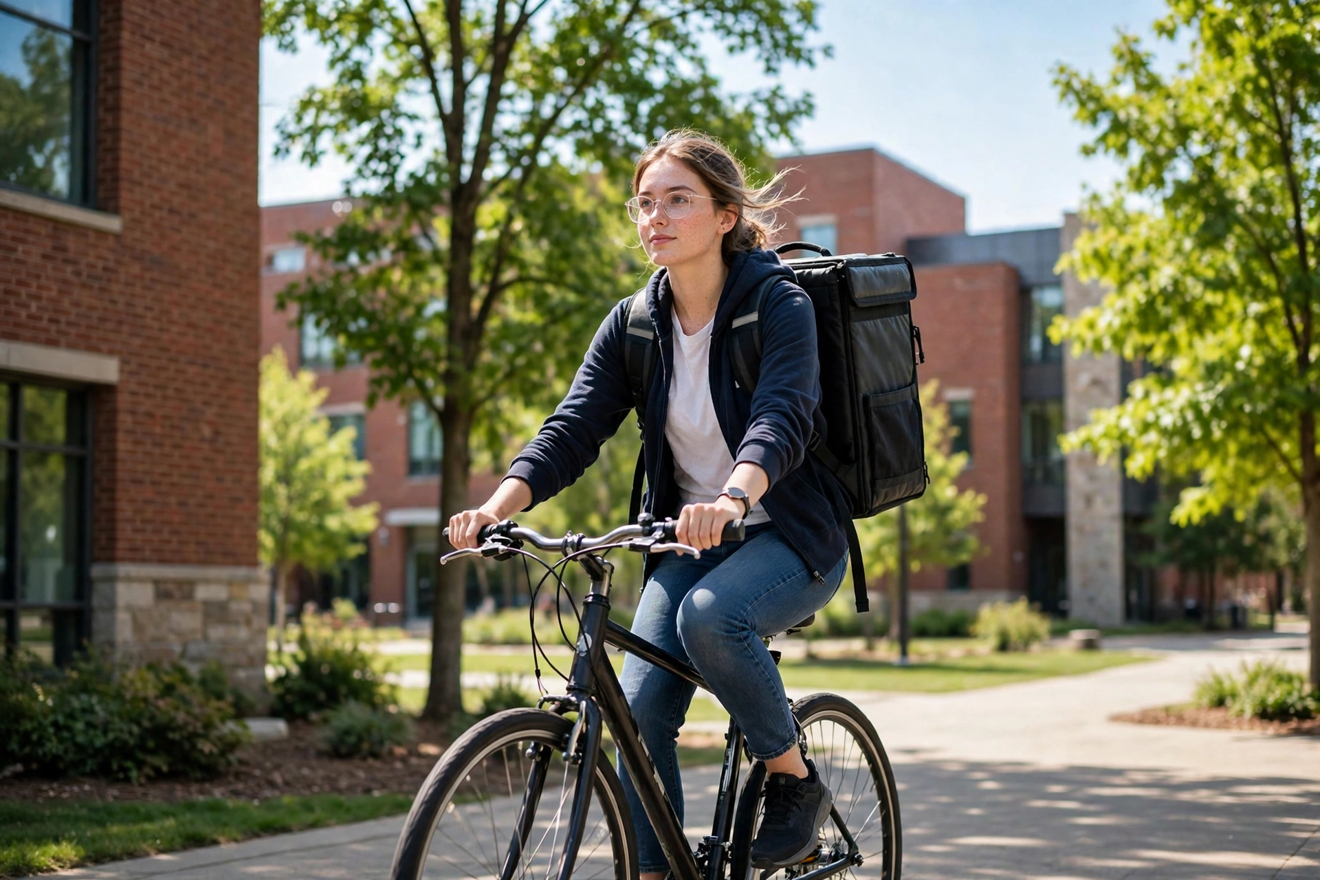 Student with a delivery backpack on a bike on a college campus
