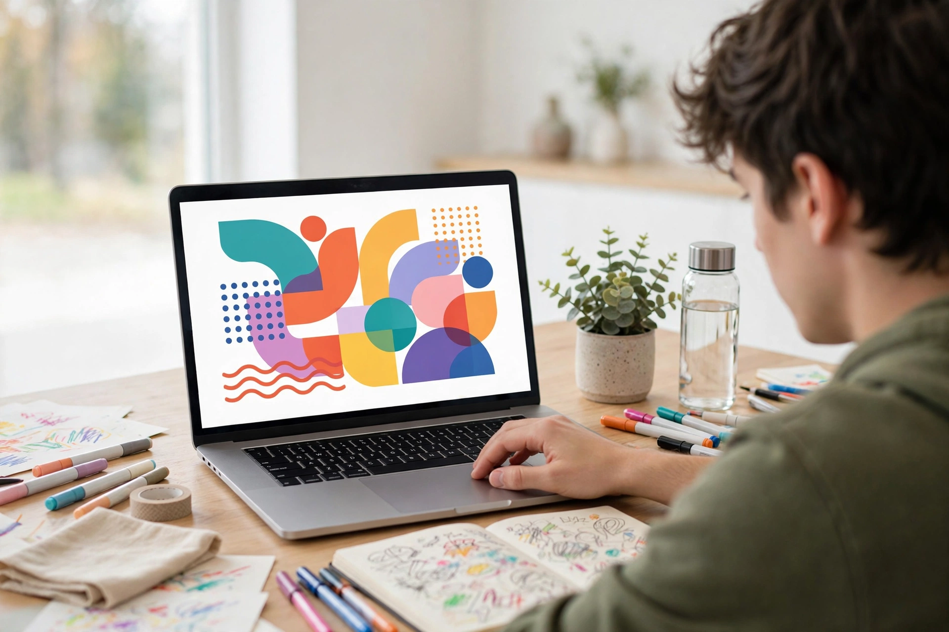Student designing colorful graphics on a laptop