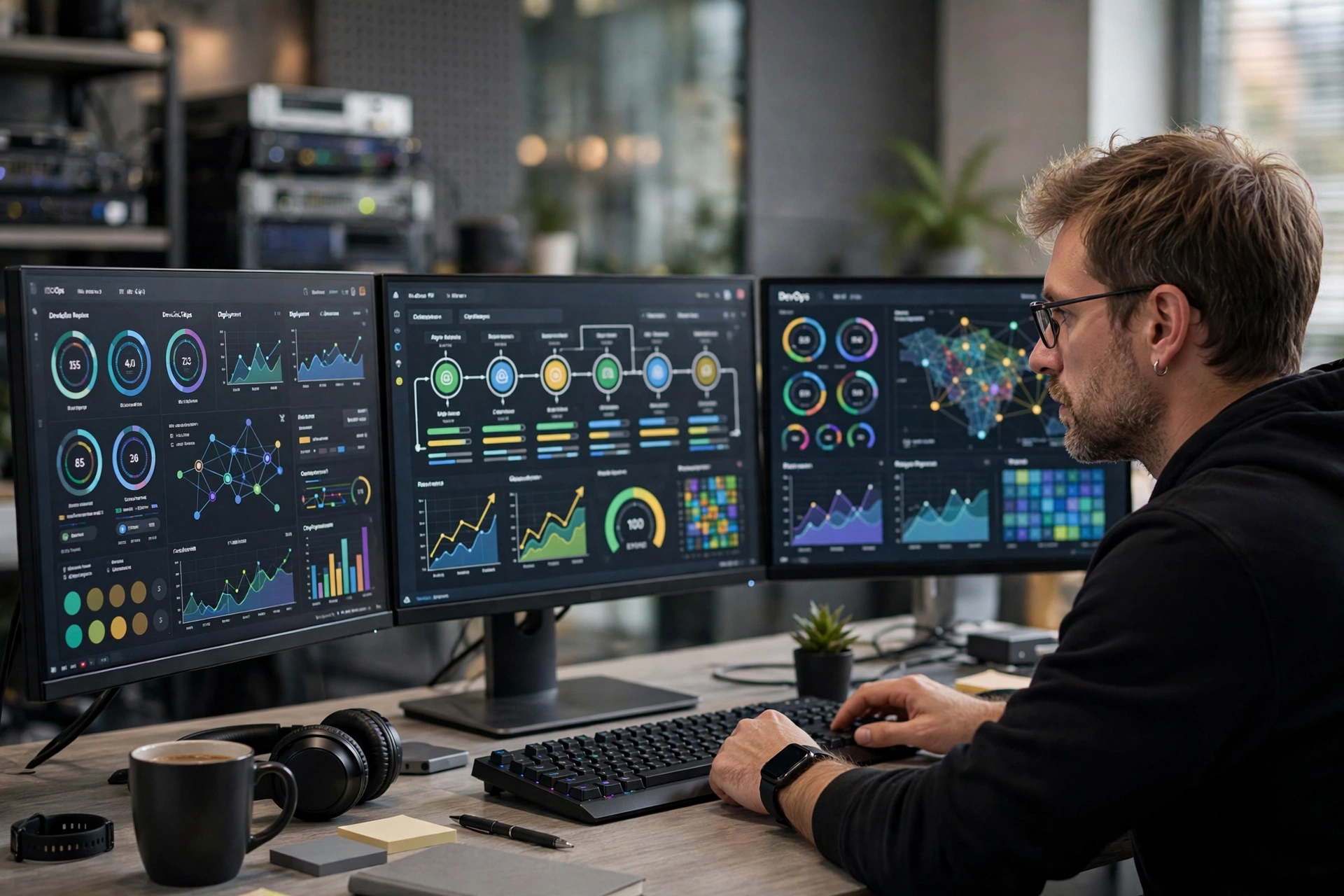 DevOps engineer monitoring deployment pipelines and server dashboards
