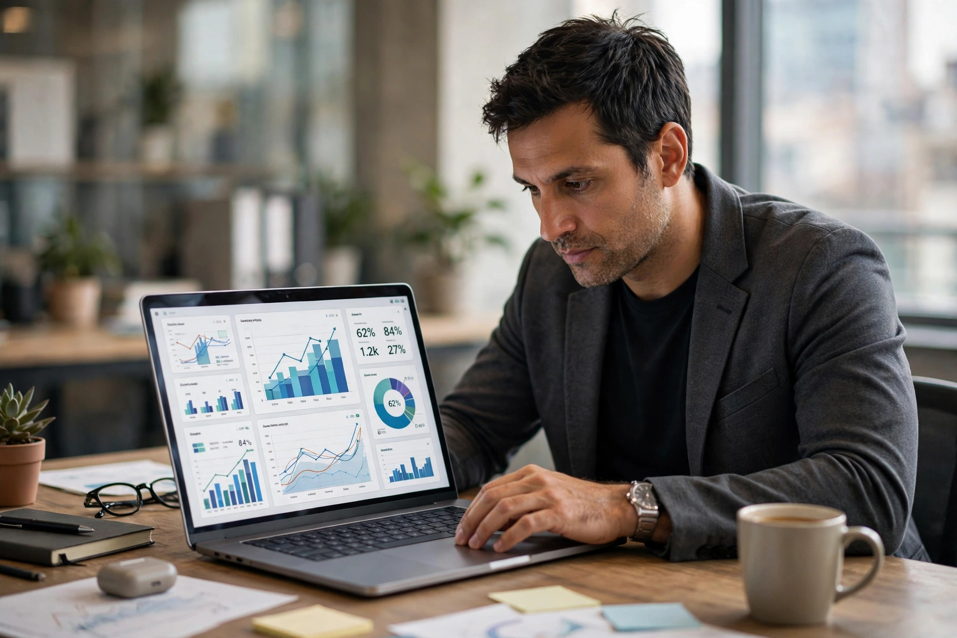 Marketing manager reviewing campaign analytics dashboards remotely