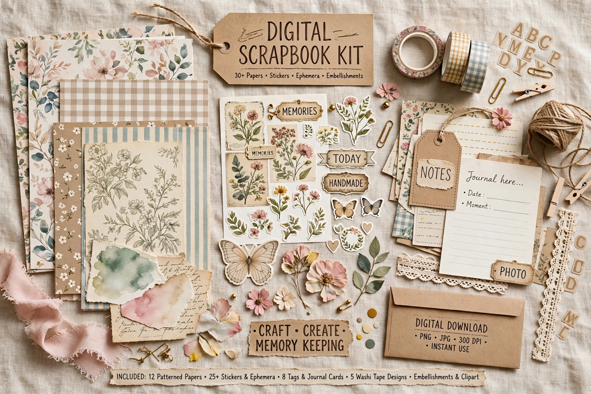 Digital scrapbook kit with papers embellishments and frames