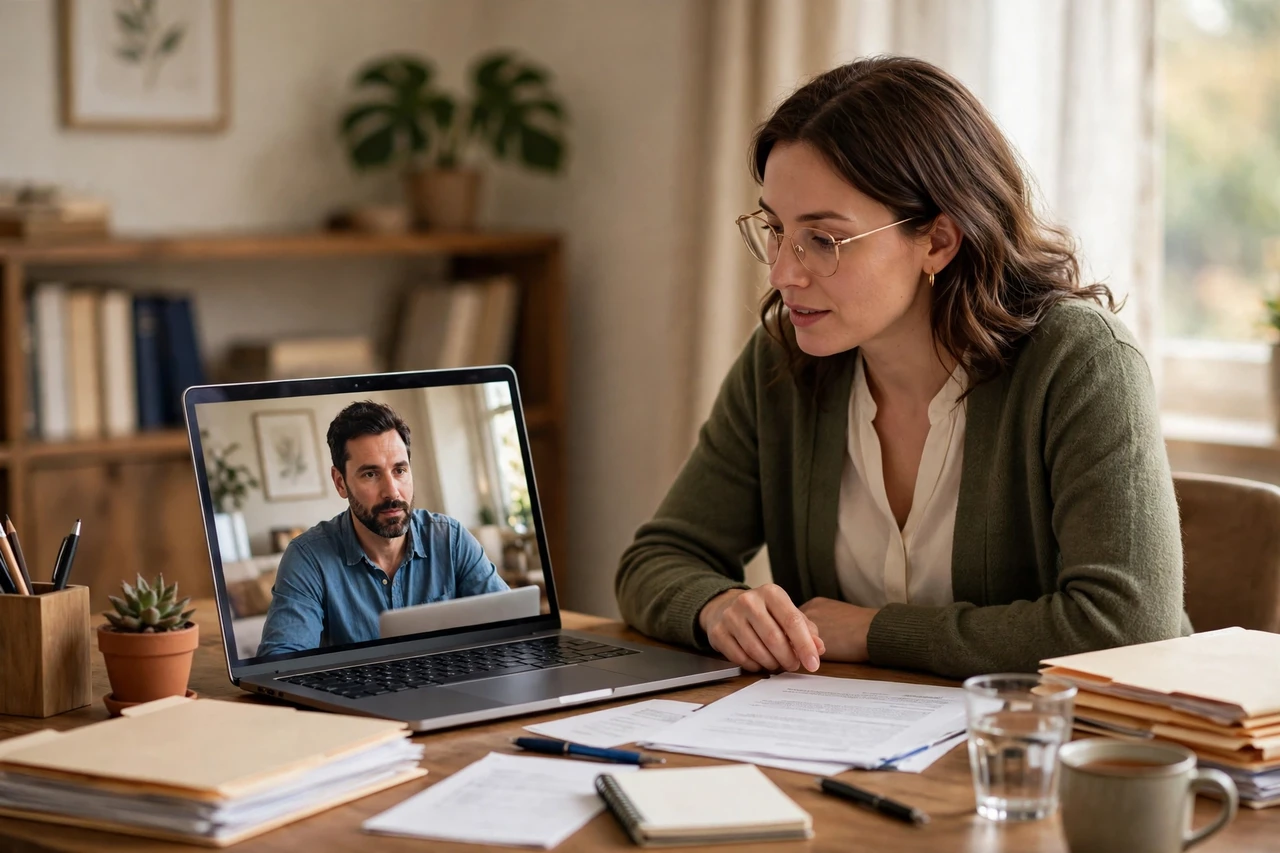 Disability benefits counselor advising a client over video call from home