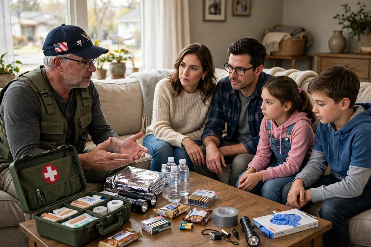 Veteran consultant showing emergency preparedness supplies to a family