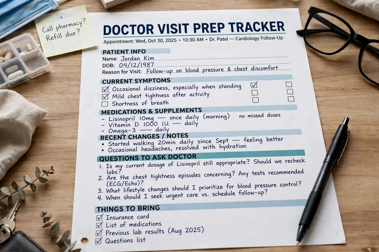 Organized doctor visit prep tracker with questions ready for appointment