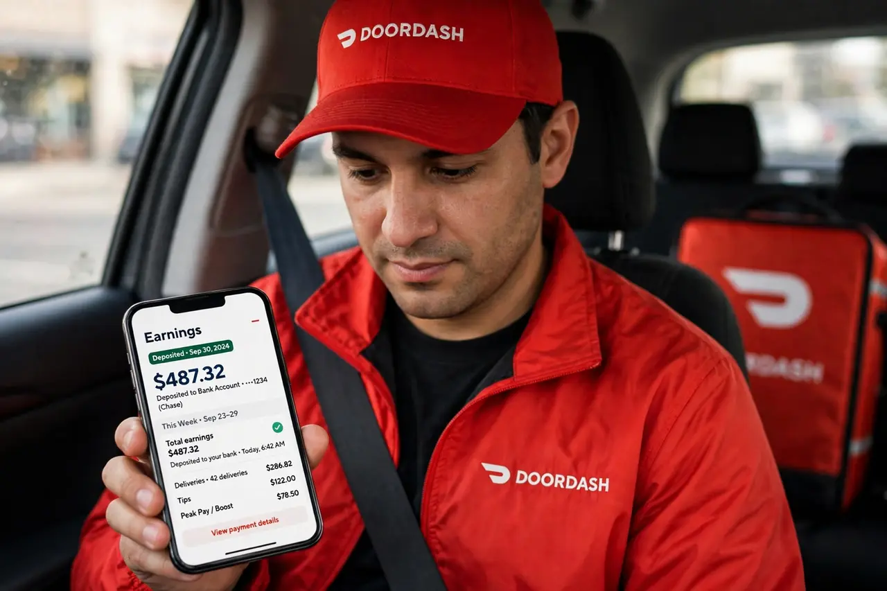 DoorDash driver checking weekly earnings deposited to bank account