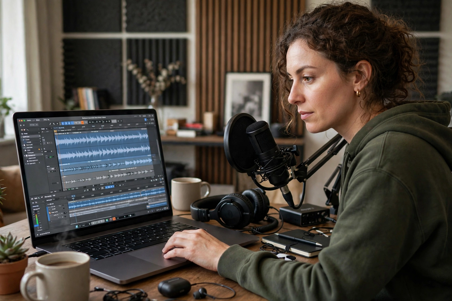 Audio editor working on podcast waveforms in editing software