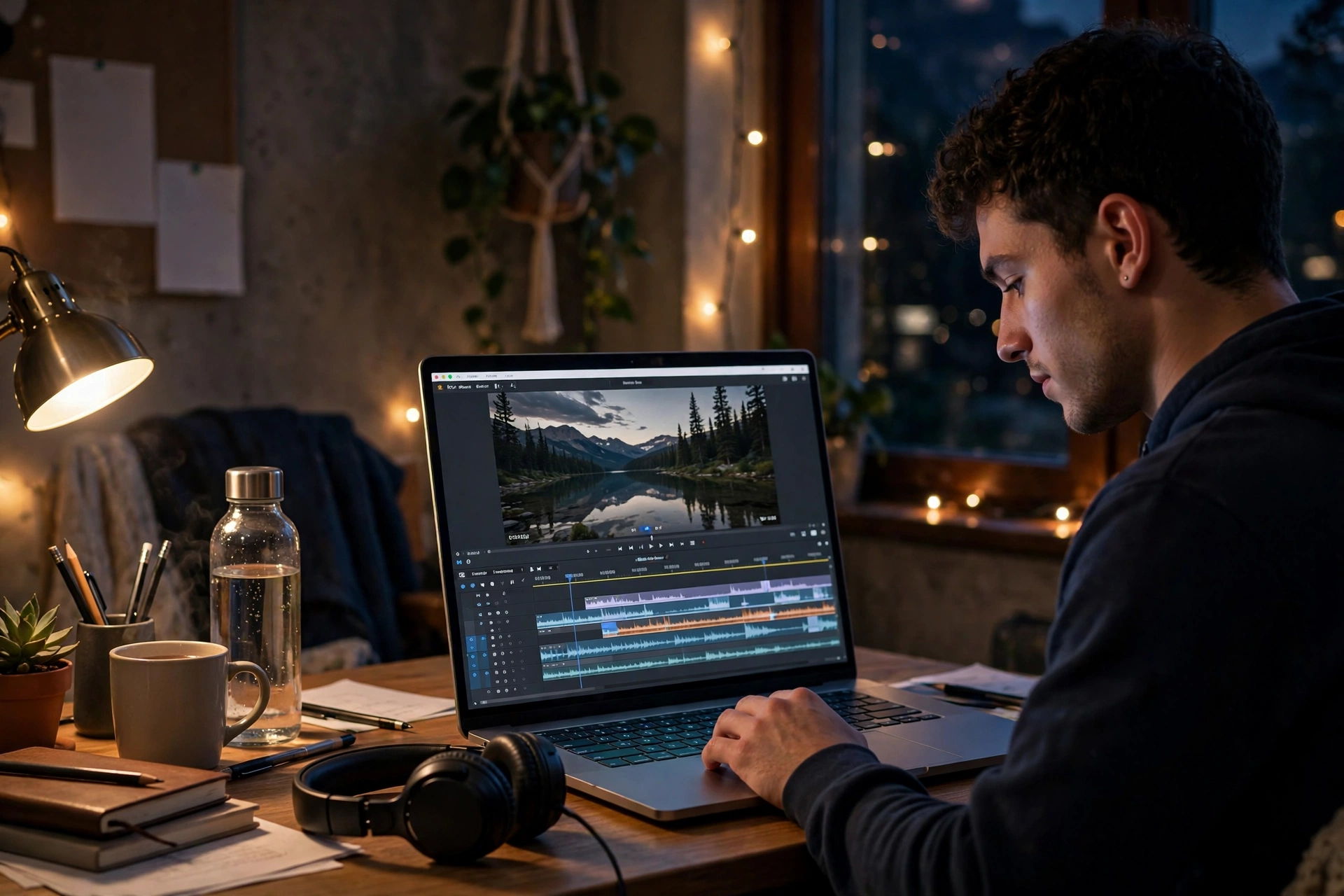 Student editing video on a laptop with timeline software visible
