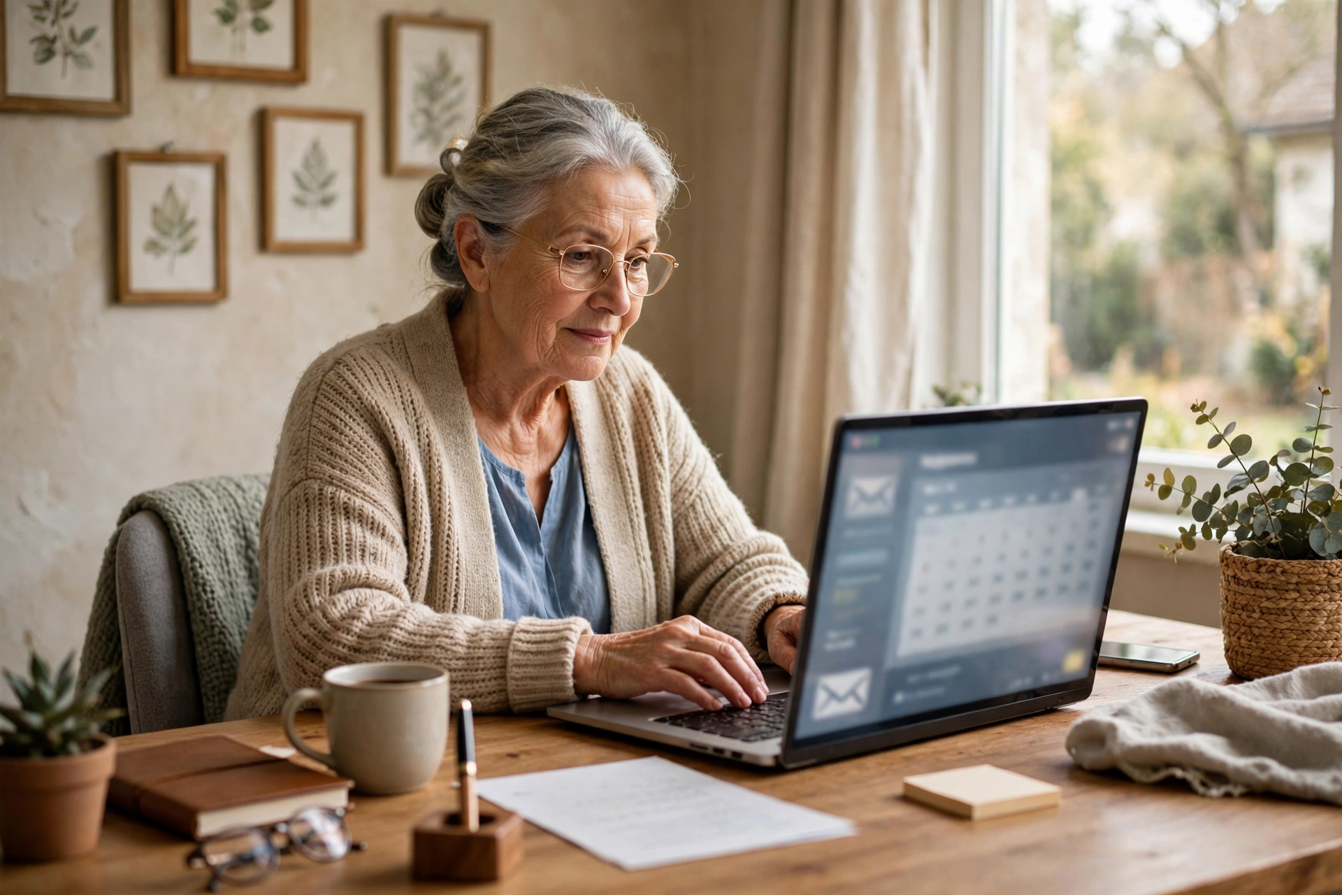 Retiree managing emails and calendar as a virtual assistant at a home desk
