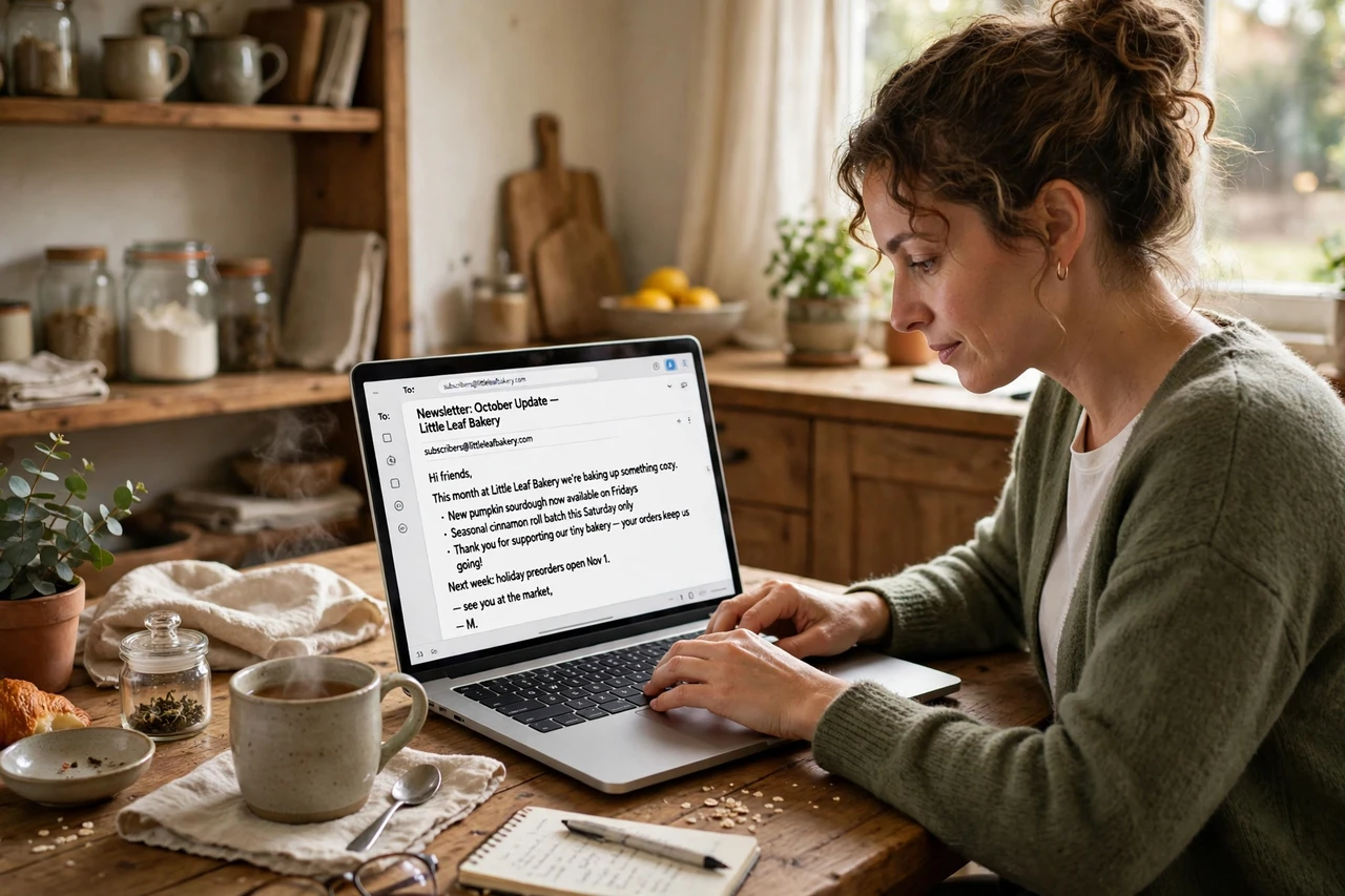 Parent writing an email newsletter for a small business