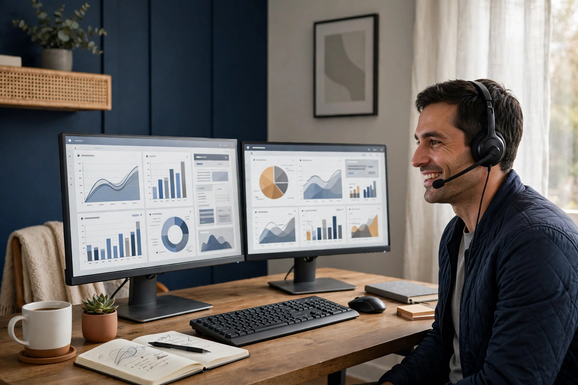 Technical support representative wearing a headset helping customers from a home office