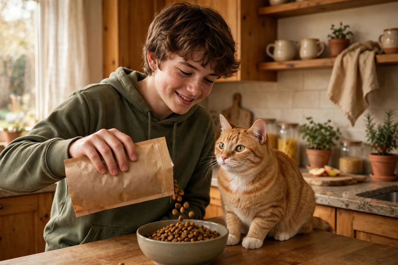 Teen feeding a happy cat in a cozy home kitchen