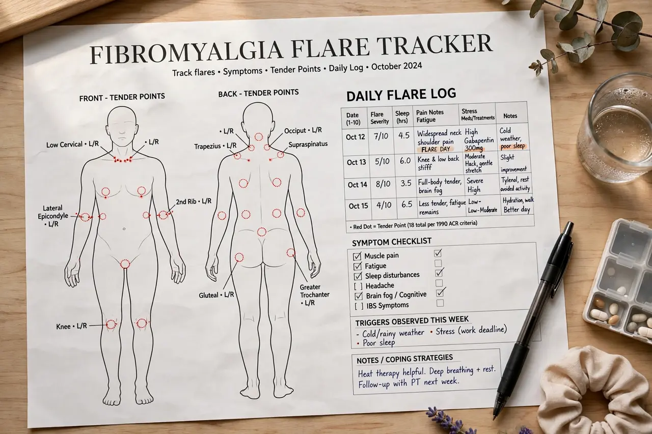 Fibromyalgia flare tracker with body map and intensity scales